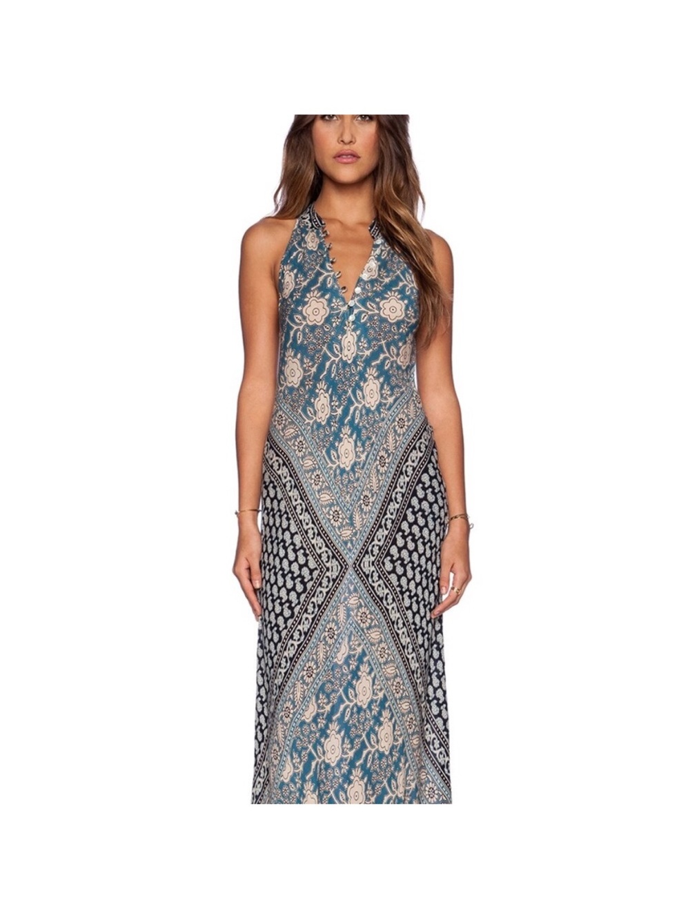 RAGA Teal and Black Printed Halter Maxi Dress